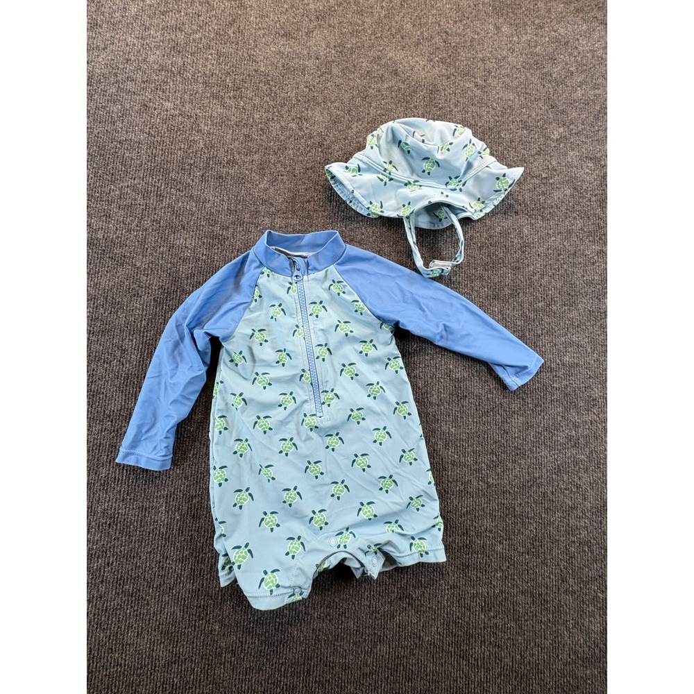Adventurewear 360 Baby 9M Sea Turtle Rash Guard Swimsuit and Hat Set Blue